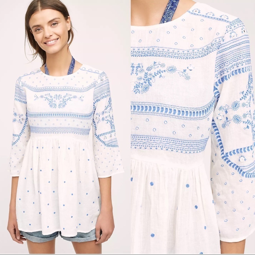 Mermaid • Anthropologie Meadowbrook blouse embroidered tunic top white cotton - Picture 1 of 12